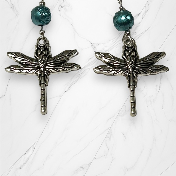 Hand Crafted Earrings Dragonfly Rose Dangle Silver Blue Pierced Long - Picture 5 of 7